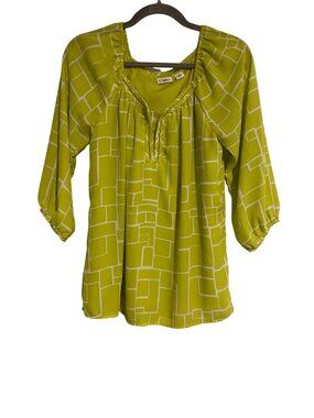 Cato Top Women's S Green White Geometric Peasant Blouse Lightweight Lined Flowy